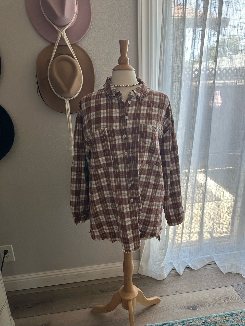 Women’s Plaid Button-Down Shirt - Brown & Cream